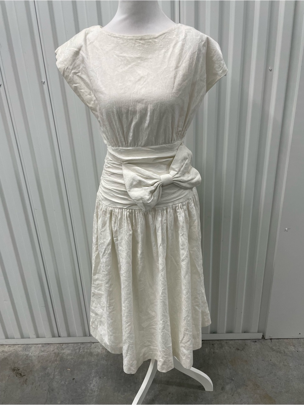 Robbie Bee Vintage Off White Drop Waist Bow Tie Midi Dress XS Bridal Cocktail